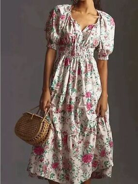 Anthropologie White Midi Dress with Pink Floral Print